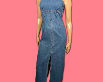 hot kiss denim dress Pansy Scoop Neck Flounce Hem Maxi Dress Denim