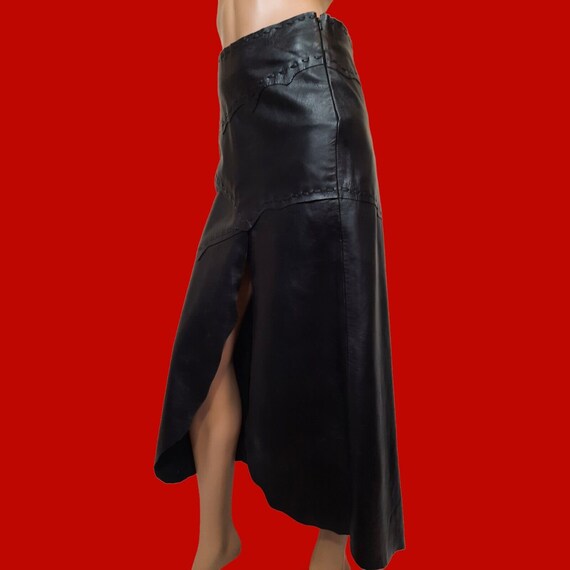 Y2K Black Leather Patchwork Midi Skirt Front Slit… - image 5