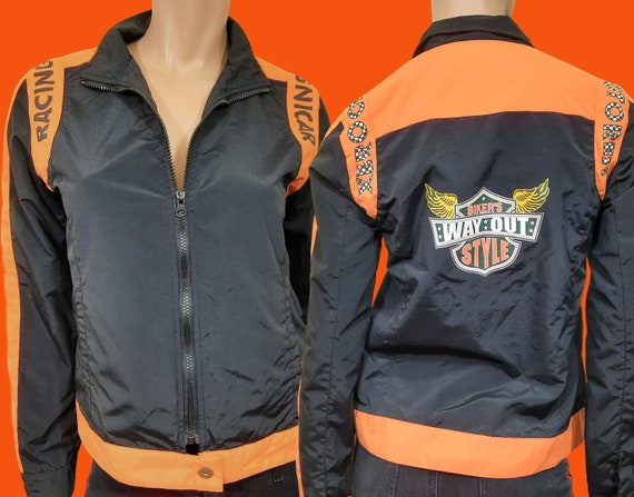 Vintage 90s Moto Racing Jacket Womens Full Zip Black Orange Windbreaker Size S Etsy Ireland