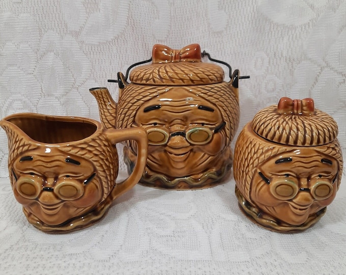 Vintage Granny Grandma Face Tea Set Teapot Creamer Sugar Bowl  Cute Kitsch