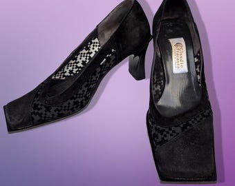 Vintage 90s Square Toe Heels Size 6.5 EUR 37 Black Suede Claudio Fracassa Italy