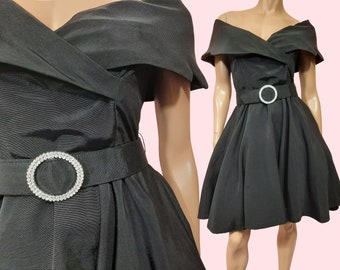 Vintage 80s Party Cocktail Dress Black Belted Circle Swing Sleeveless Shawl Collar Size S