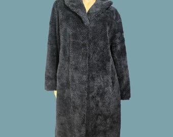 Vintage 90s black Faux Fur Teddy Coat Size L Mid length Grunge Glam Indie Sleaze