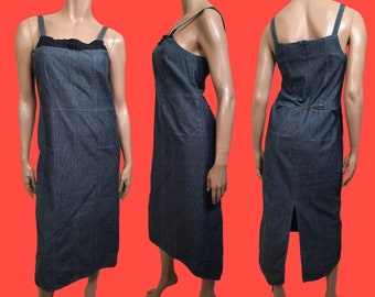 Y2K Denim Overall Dress Pinafore Midi Dress Cargo Pocket Grey Blue Dark Wash Size M