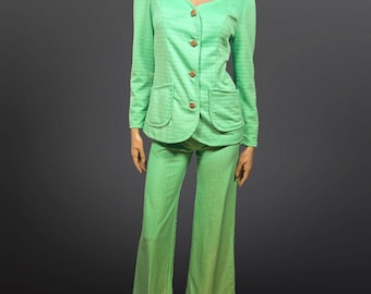 Vintage 70s Flare Leg Pant Suit Size S Green Trousers Jacket 2 Piece Set