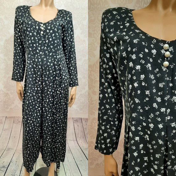 Vintage 80s Black Ditsy Floral Jumpsuit Size XL 14
