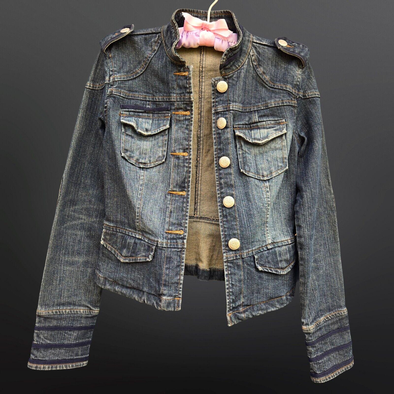 Y2K Denim Military Jacket Womens Size 3 Grunge Moto Indie