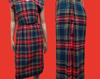 Vintage 70s 80s Red Blue Tartan Plaid Dress Sleeveless Belted V Neck Midi size M