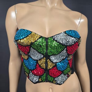 Vintage Sequined Beaded Bustier Corset Top Size S Zip Front Multicolor Colorful