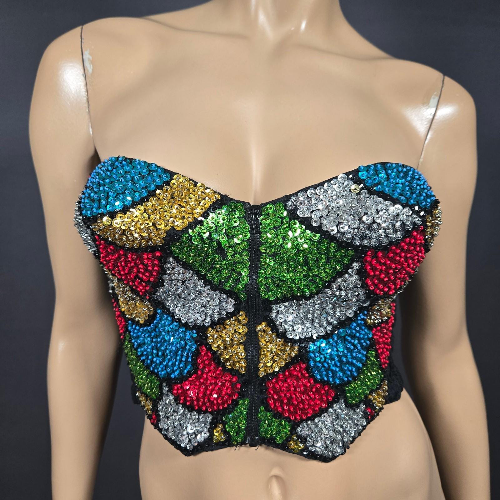 Vintage Sequined Beaded Bustier Corset Top Size S Zip Front