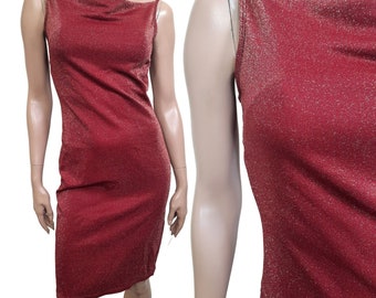 May include: A sleeveless, red, sparkly dress with a cowl neck.
