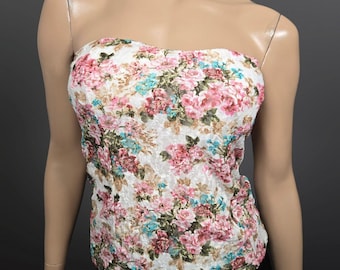 Y2K Floral Lace Bustier Strapless Top Womens size M Coquette Fairy Cottagecore