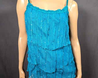 Y2K Blue Sequin Layered mesh Babydoll Top Sleeveless Camisole Size L Fairy Boho
