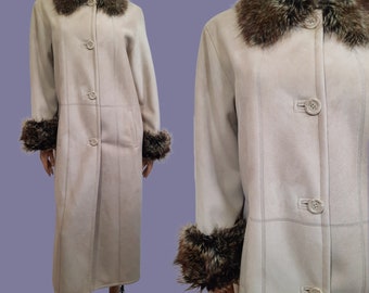 Vintage Penny Lane Coat 90s Y2K Beige Faux Fur Faux Suede Full length Size M