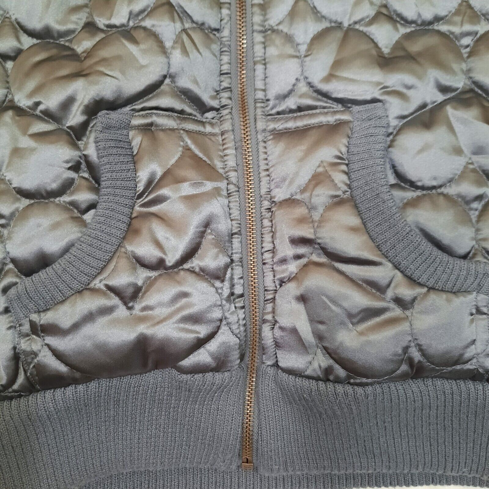Vintage Y2K Puffer Vest Faux Fur Hood Silver Grey Satin Quilted 