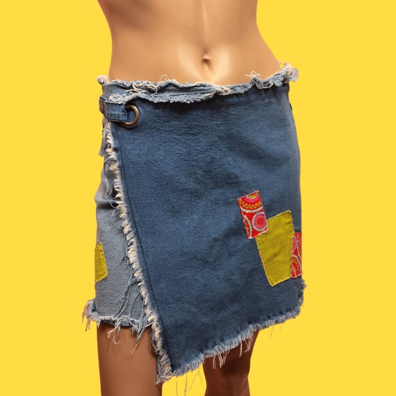 Y2K Denim Patchwork Mini Skirt Distressed Wrap Skirt Blue Size M