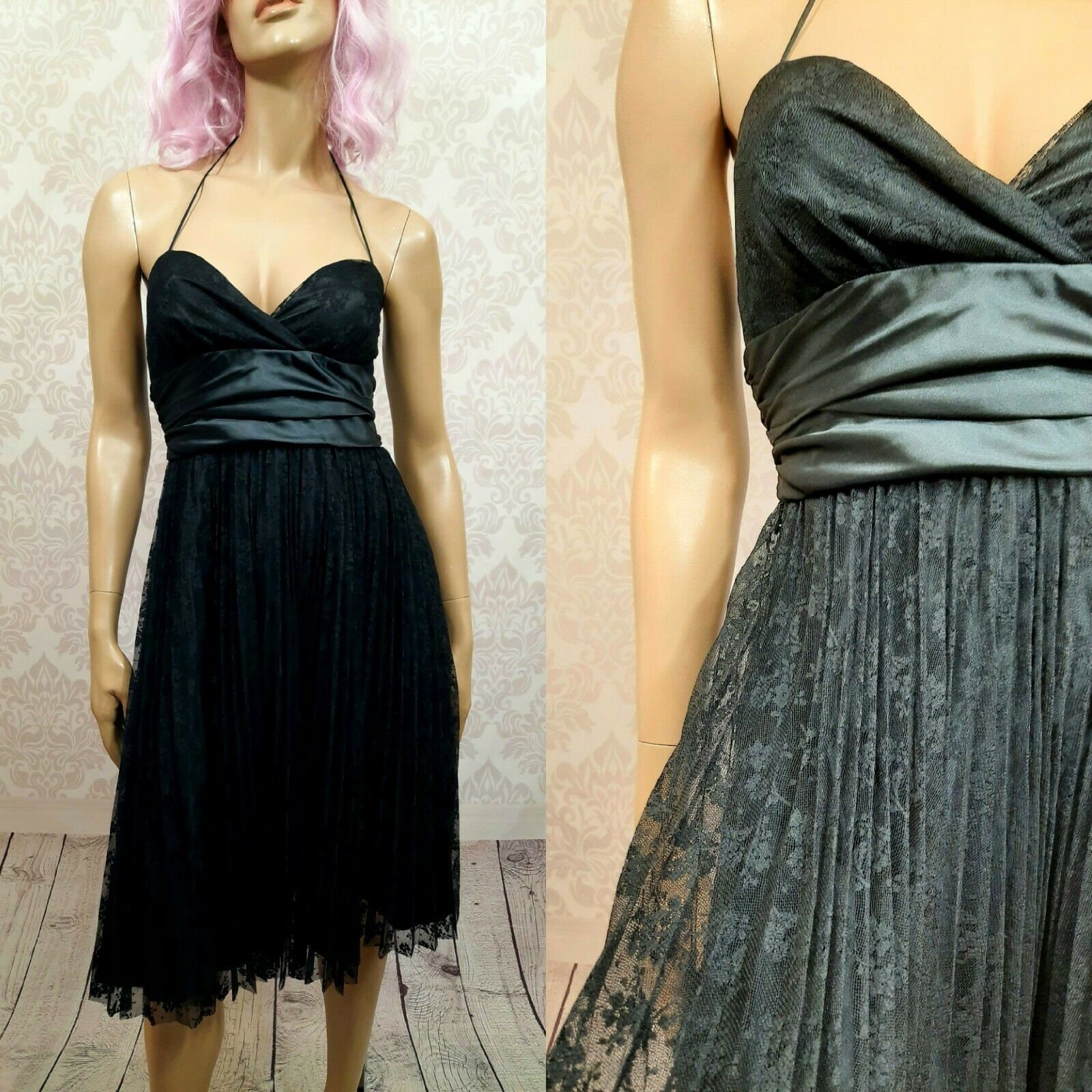 Vintage Betsey Johnson New York Black Pleated Lace and Satin Halter Dress Party Cocktail Etsy