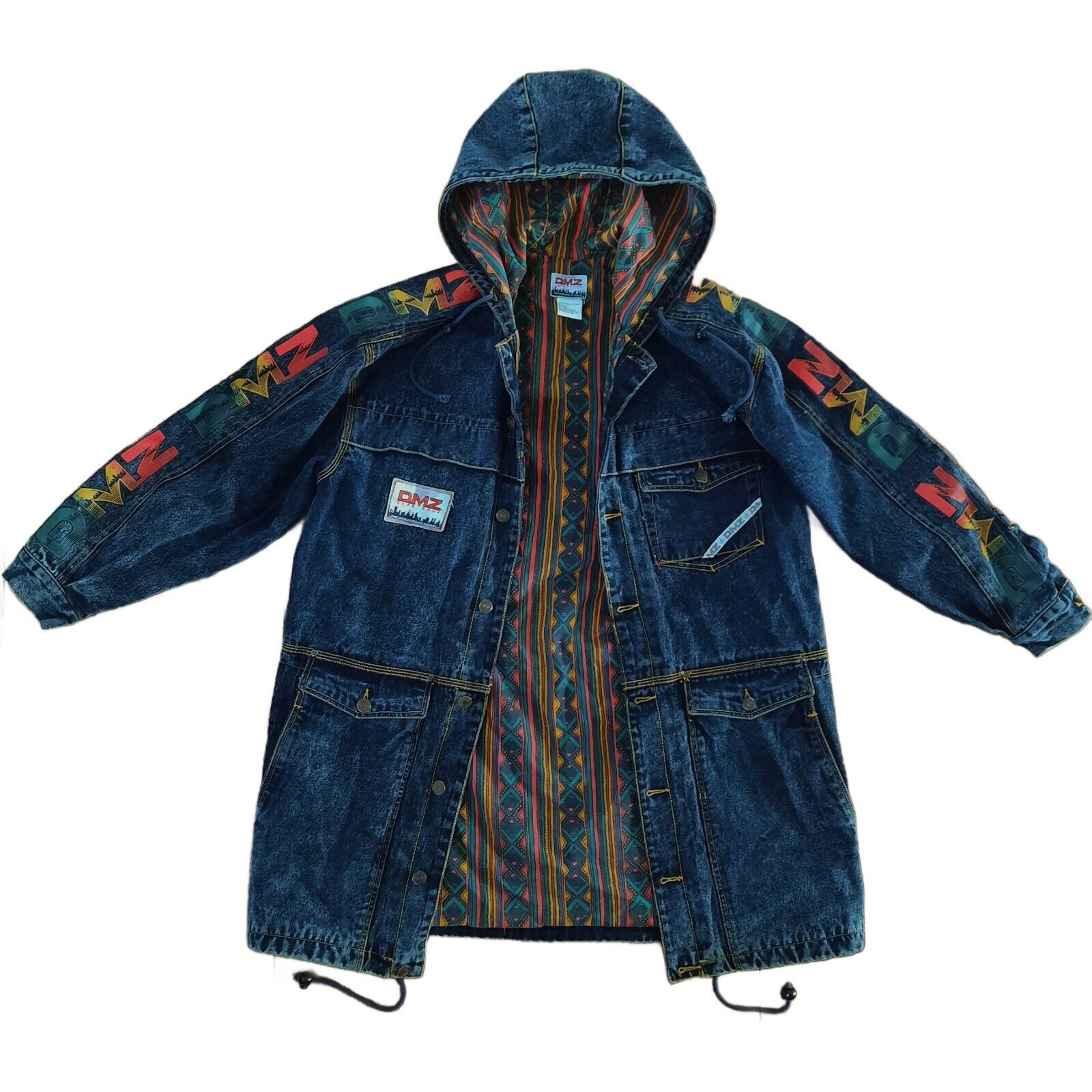 Vintage 90s Jacket Denim Aztec Tribal Print Hooded Coat Mens