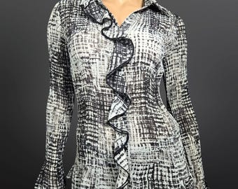 Y2K Ruffled Blouse Top Gray black Size m Grunge Fairy Goth 2000s Chiffon