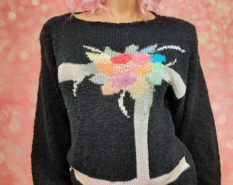 Vintage 80s Sequin Floral Sweater Size M Black White Pastel Acrylic Rayon
