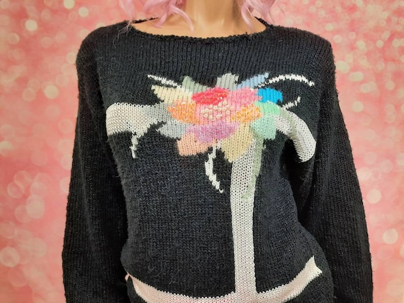Vintage 80s Sequin Floral Sweater Size M Black White Pastel Acrylic Rayon
