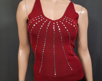 Y2K Le Chateau sleeveless Knit Sequined Tank Top Womens Size M Burgundy V Neck