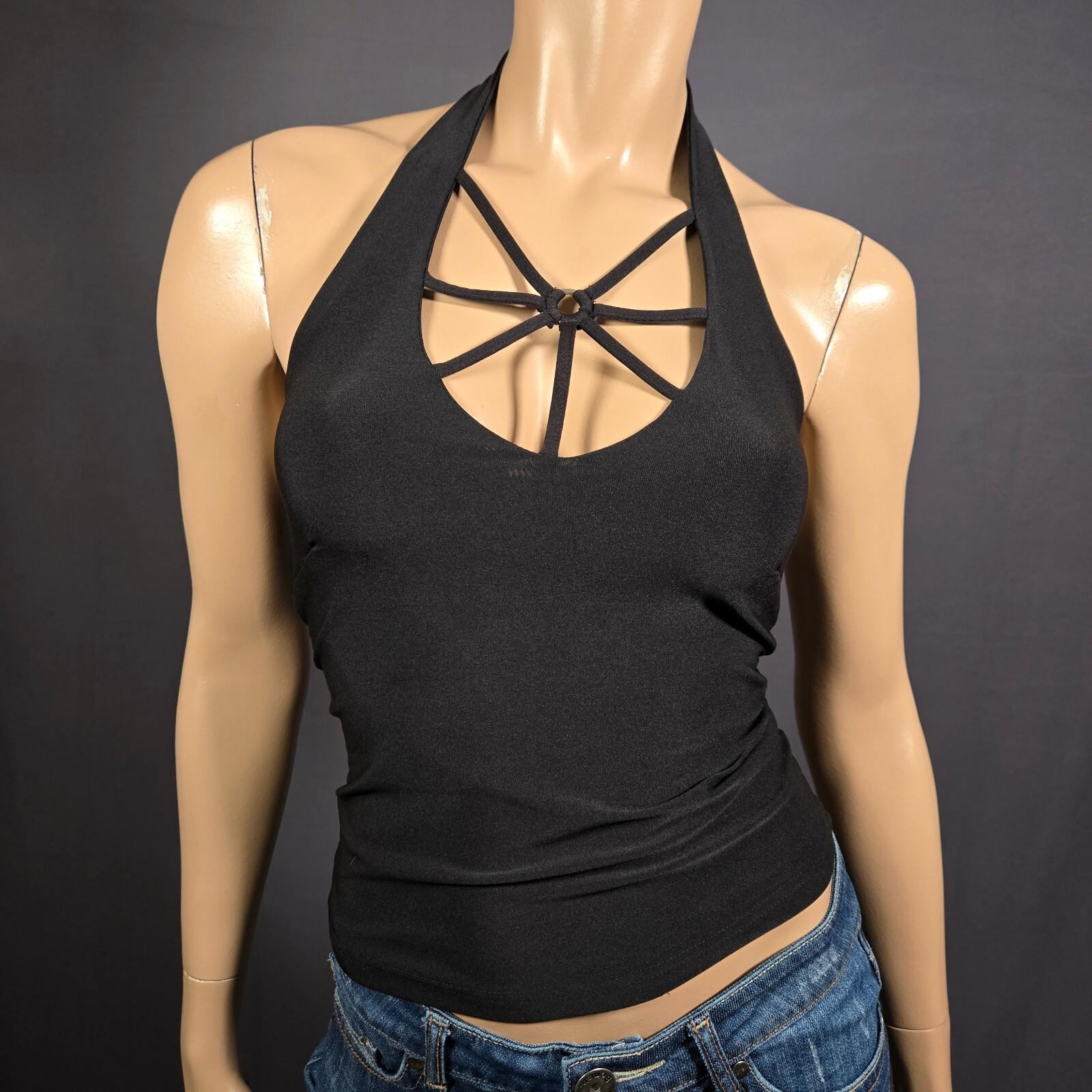 Y2K Black Halter Tank Top Size S Straps Short Cropped Mcbling Grunge Gothic