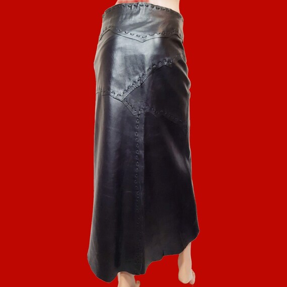 Y2K Black Leather Patchwork Midi Skirt Front Slit… - image 7