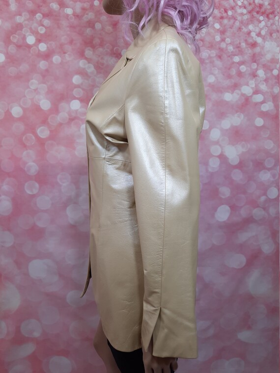 Vintage 90s Y2k Leather Jacket Metallic Beige Mid… - image 6