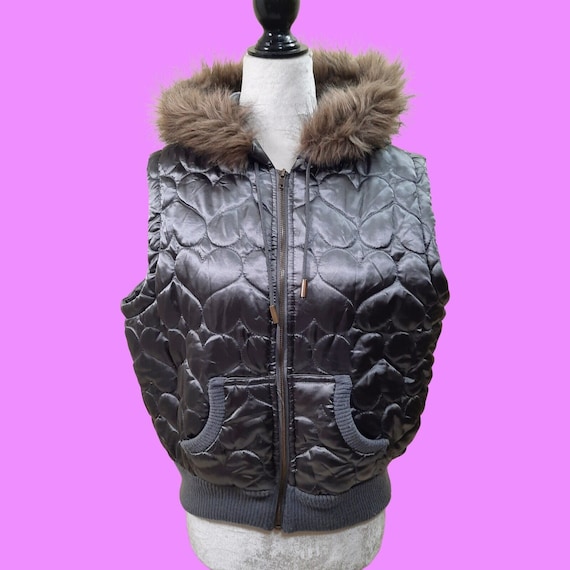Vintage Y2K Puffer Vest Faux Fur Hood Silver Grey Satin Quilted