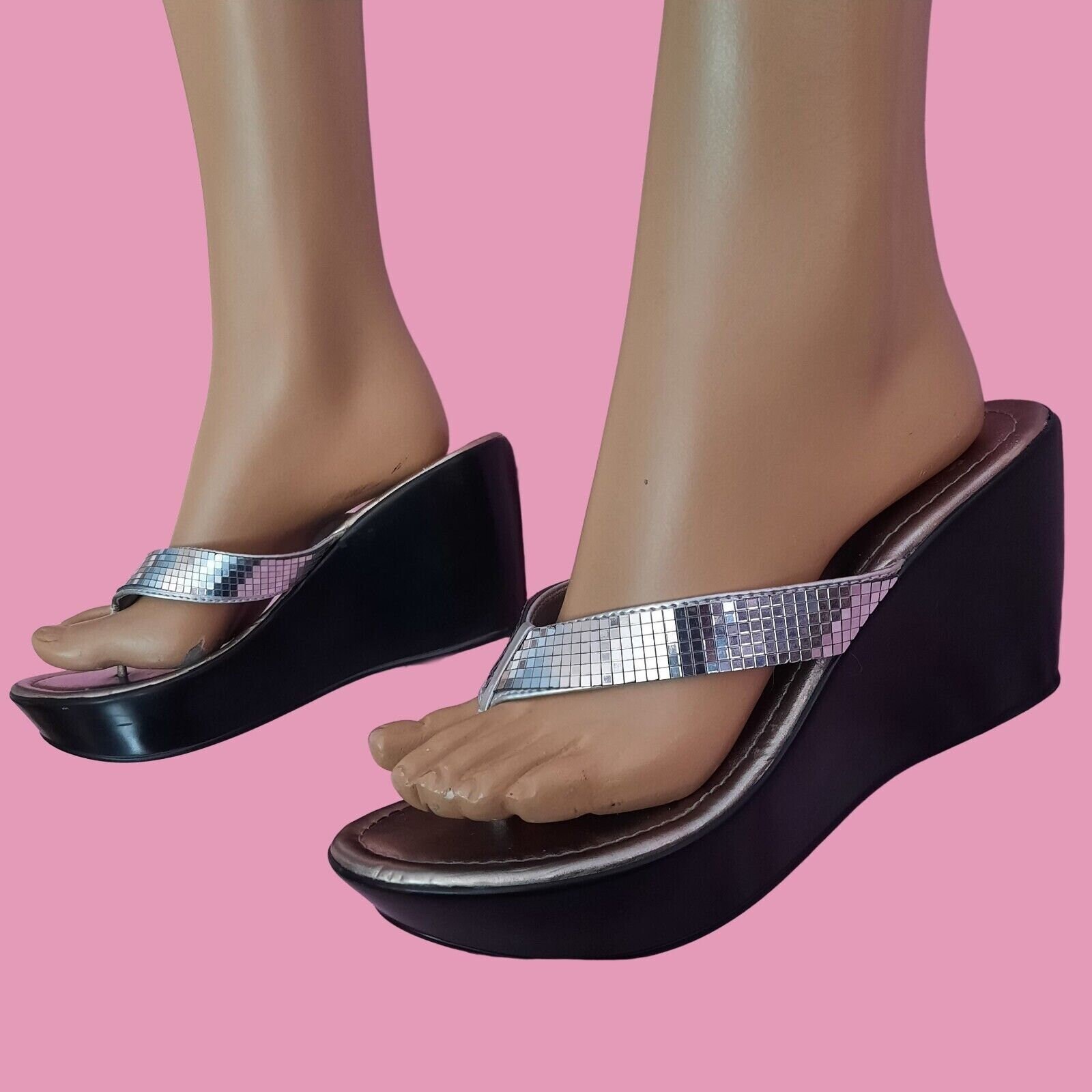 Y2K Miss Me Wedge Sandals Silver Metallic Mirrored Disco Ball