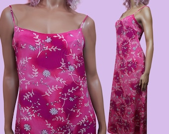 Vintage 90s Pink Floral Maxi Dress Size M US 8 Sleeveless Spaghetti Strap