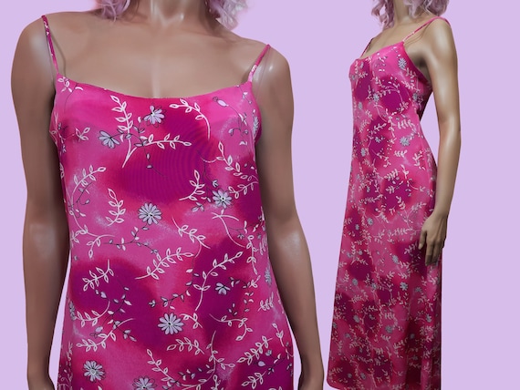 Vintage 90s Pink Floral Maxi Dress Size M US 8 Sleeveless Spaghetti Strap