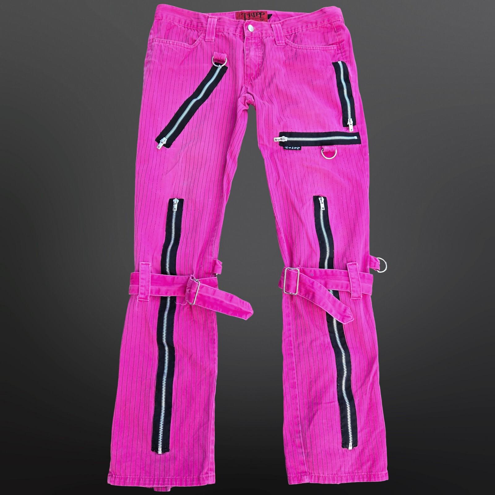 Vintagr Tripp NYC Pink Black Pinstriped Pants Buckles Zippers Size 11 Low Rise