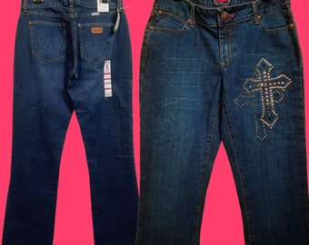 Y2K Deadstock Wrangler Mae Low Rise Bootcut Razzle Dazzle Jeans Rhinestone Studded Cross size 11/12 US