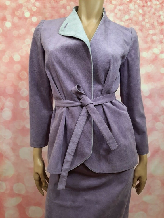 Vintage 80s Mauve Faux Suede Skirt Suit Size S 2 Piece Belted Blazer A Line Midi Skirt