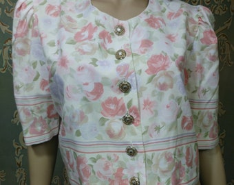 Vintage 80s Cropped Floral Top Button Front Blouse Puff Sleeves Boxy Size M/L Cream Pink Green