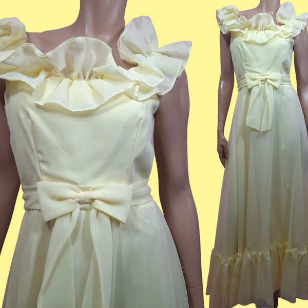 Vintage 70s Sleeveless Chiffon Maxi Dress Pale Yellow Ruffled With Bow Size S Prom Party Wedding