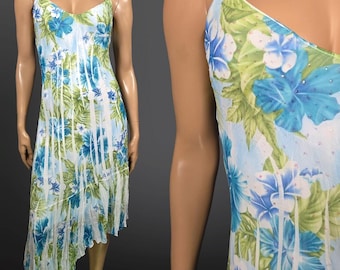 Y2K Floral Glitter Fairy Slip Dress Size M Blue White Asymmetric Hem Party Prom