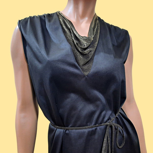 Vintage 70s Disco Top Sleeveless Blouse Black Gold Mesh Cowl Neck Belted Size M