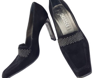 Vintage 90s Casadei Heel Square Toe Black Suede Studded Pumps loafer heels US 8