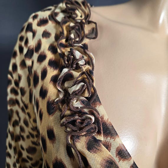 Y2K Mesh Leopard Print Top Size L Ruched V Neck W… - image 2