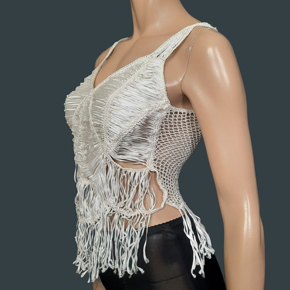 Y2K Sleeveless Fringed Crochet Tank Top Womens S … - image 5