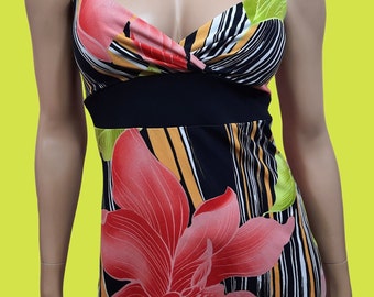 Y2K Babydoll Top Sleeveless Tropical floral Top Size M Fairy Black Pink Green Tie Back