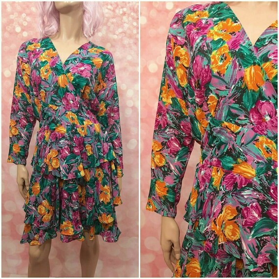 Vintage 80s Floral Chiffon Dress Size M Dolman Sle