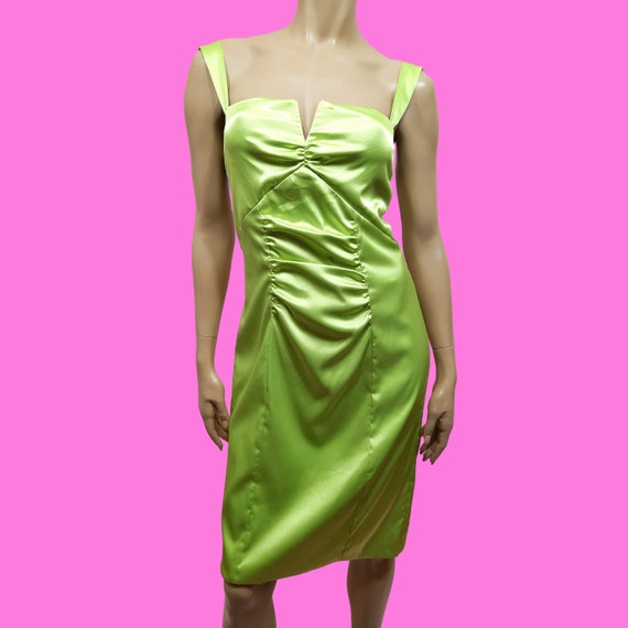 Y2K Le Chateau Lime Green Satin Ruched Dress Size M Sleeveless