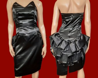 Vintage 80s Strapless Dress Black Satin Ruffled Prom Party Cocktail Size S