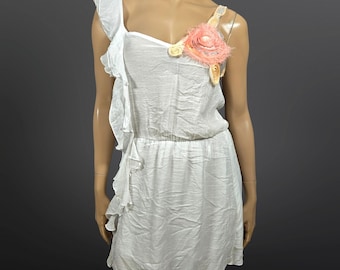 Y2K White Sleeveless Mini Dress Ruffled Pink Rosette Size s Fairy Boho Festival