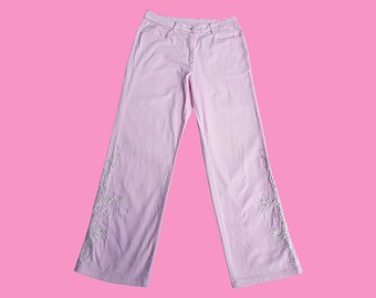 Vintage 90s Y2K Pastel Pink High waisted Pants Floral Applique Size 8 Straight leg