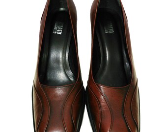 Vintage des années 90 Amato Baranello Square Toe Heels US 8 cuir marron Brésil